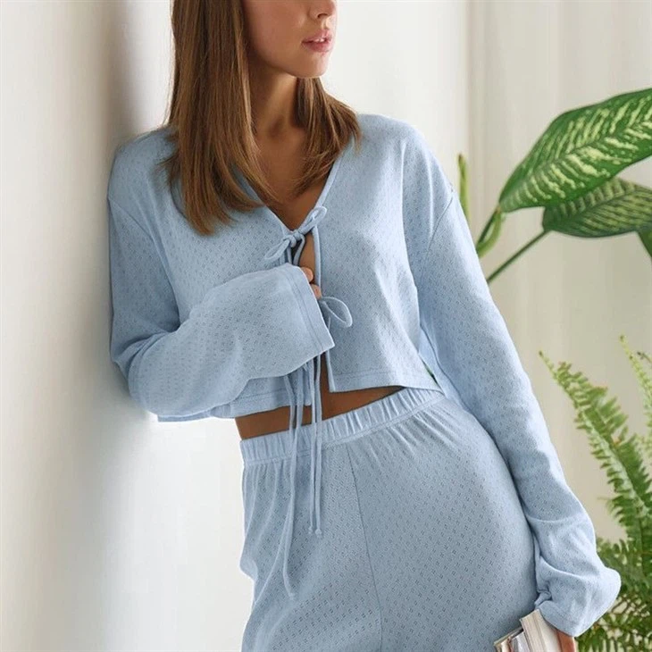 2024 Autumn Cotton Sexy Strappy Underwear Long-sleeved Shorts Pajamas Set Ruffled Ladies Homewear