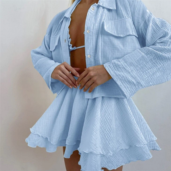 2024 Autumn Cotton Sexy Strappy Underwear Long-sleeved Shorts Pajamas Set Ruffled Ladies Homewear