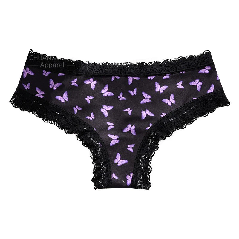 Trendy Butterfly Print Lace Trim Seamless Women's Panties For Girls Comfort Wear